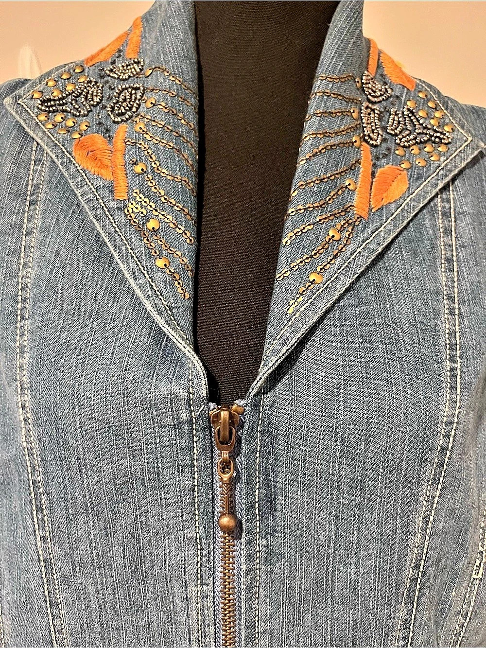 Embroidered Denim Zip-Up Jacket - Picture 5 of 9